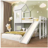 BlingBin Etagenbett Kinderbett Jugendbett Doppelbett Hochbett Massivholzbett (Mit Rutsche, Hausbett, mit Fallschutzgitter, mit Fenster und Dach, mit Dreistufige Leiter, 1-St., 90x200cm&140x200cm, Tragfähigkeit: Oberes-120KG, Unteres-180KG), Holzbett aus Kiefer und MDF für Kinderzimmer, Ohne Matratze, Weiß weiß