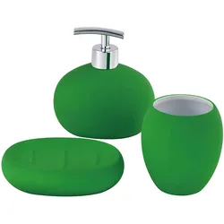 Benetton - 3-teiliges Badezimmerzubehör-Set (Glas + Seifenspender + Seifenschale) aus regenbogengrüner Keramik