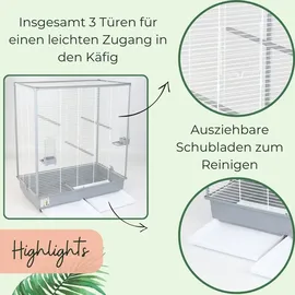 GarPet Vogelkäfig Wellensittich Kanarien Papagei 70 x 40 x 80 cm grau