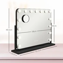 Homcom Hollywood Spiegel mit Beleuchtung Schminkspiegel mit 14 LED Licht 3 Lichtfarben USB-Ladeanschluss Handyhalterung