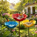 Futterstation Vögel,Vogeltränke Metall,Insektentränke Blumes Für Den Garten,Vogeltränke Winterfest Gartenstecker,Bienentränke Gartens Für Bienens,Futterschale, Für Rase (A-3er (Rot, Gelb, Blau))
