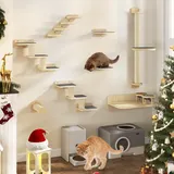 YITAHOME 8PCS Kletterwand Katzen, Katzenwandmöbel mit 1 Katzentreppe/2 Plattformen und 2 Leitern mit rutschfesten Matten/1 Sisalpfosten mit großer Plattform/Katzenbett mit 2 Katzennäpfen