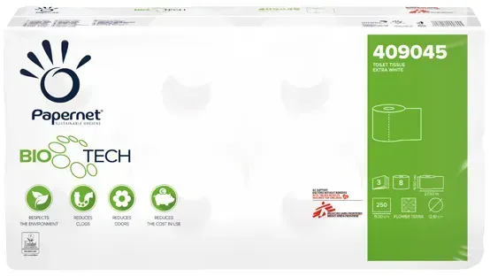 Toilettenpapier Papernet BIOTECH 3-lagig Recycling 8 Rollen/Paket x 250 Blatt, 3-lagig, zersetzend, weiß