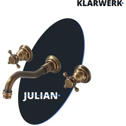 JULIAN | Vintage 3-Loch Badarmatur Wandmontage Messing Gold | Küche Retro Edelstahl Wasserhahn Waschbecken | Antike 2-Griff Mischbatterie Wand Gastro