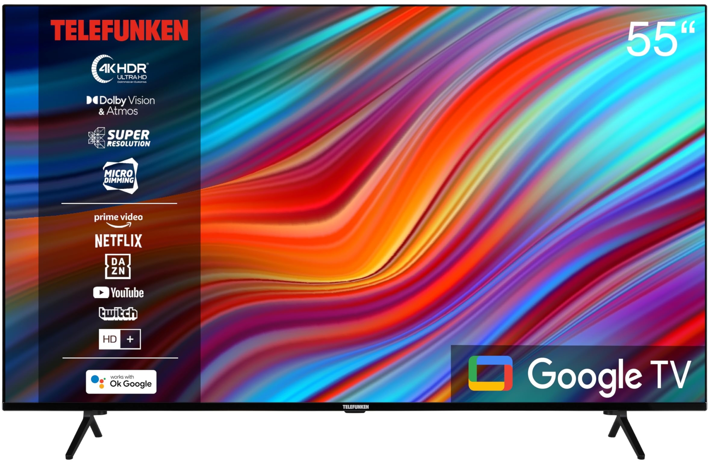 Telefunken Google TV 55 Zoll Fernseher (4K UHD Smart TV, HDR Dolby Vision, Triple-Tuner, Dolby Atmos, HD+ 6 Monate inkl.) XU55GA660S