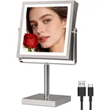 Ruacq Make-up-Spiegel mit Lichtern, 4000 mAh, wiederaufladbarer Vergrößerungsspiegel mit Licht, 1X/10X, höhenverstellbarer Badezimmer-Schminkspiegel, 3 Farben, einstellbare Helligkeit (gebürstetes
