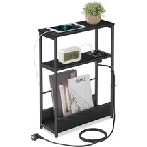 VASAGLE Beistelltisch mit Ladefunktion, Couchtisch klein, 3 Ablagen, schmal, Nachttisch
