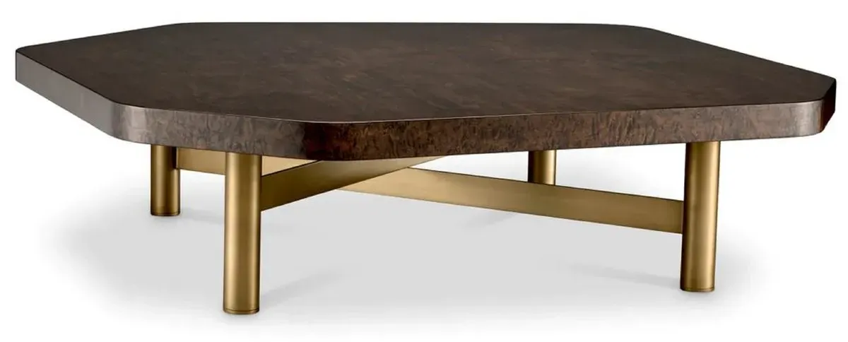 Casa Padrino Luxus Couchtisch Hochglanz Braun / Messing 120,5 x 120,5 x H. 30,5 cm - Wohnzimmertisch mit Massivholz Tischplatte - Wohnzimmer Möbel - Luxus Möbel - Luxus Einrichtung