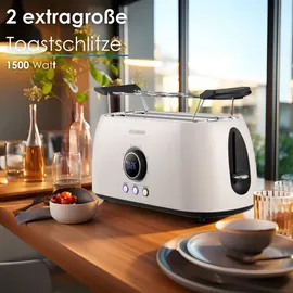 Steinborg Toaster 4 Scheiben mit Brötchenaufsatz Langschlitztoaster Toastautomat Automatische Abschaltung Doppelschlitztoaster Familientoaster Toastgerät LED Display mit Restzeitanzeige (Bulgur Beige)