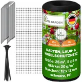 TTL Garden 5x5m Vogelschutznetz Laubnetz 20g/m2 schwarz - 12x12mm Masche engmaschig 25m2 1 Faden System extra stabil - Obstbaumnetz Schutznetz Gartennetz reißfest robust 25 Erdanker + 25 Kabelbinder