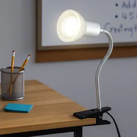 ETC Shop Klemmlampe weiß Klemmleuchte Klemmlampe LED mit Stecker, Tischleuchte Leselampe, Spot beweglich, Metall titanfarben Glas weiß, 1x led 3W 250Lm 3000K,