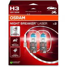 Osram NIGHT BREAKER LASER H3, +150% mehr Helligkeit, Halogen-Scheinwerferlampe, 64151NL-2HB, 12V PKW, Hängebox (2 Lampen)