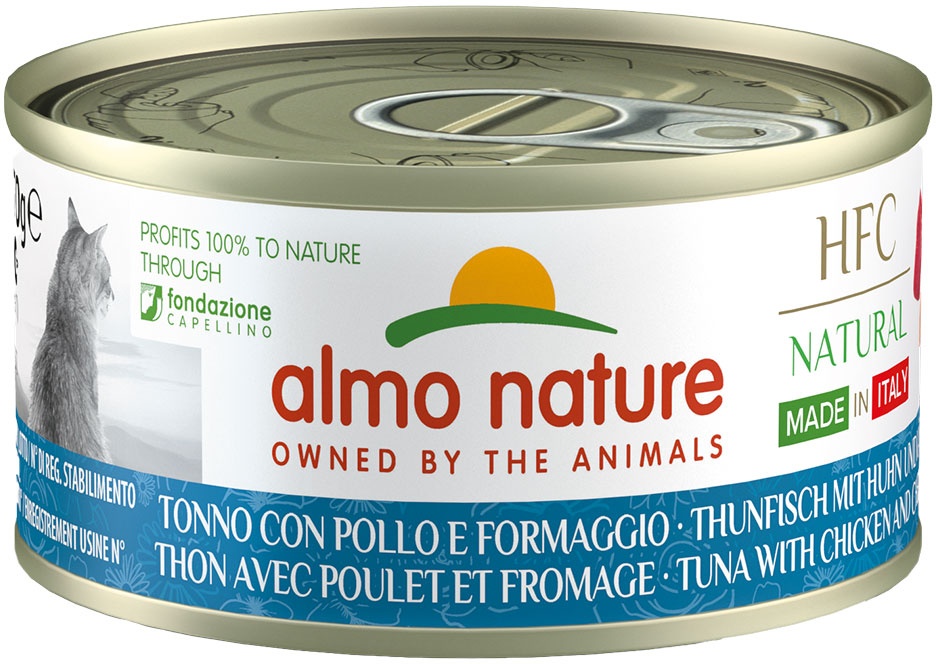 Sparpaket: 24x70g Almo Nature HFC Natural Made in Italy Thunfisch, Huhn und Käse Katzenfutter nass