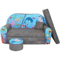 FORTISLINE - Kindersofa ausklappbar 100x60x50 cm - Kindersofa für Kinder 2in1 - Kindercouch ausklappbar - 2-Sitzer - Schlafcouch aus Schaumstoff + Hocker + Kissen - Viele Motive