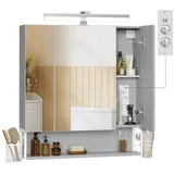 VASAGLE Spiegelschrank Badezimmerschrank Breite 70-90cm, 90° drehbar LED, mit Steckdosen, Haartrockner-Halter grau 70 cm x 75 cm x 16.5 cm
