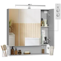 VASAGLE Spiegelschrank Badezimmerschrank Breite 70-90cm, 90° drehbar LED, mit Steckdosen, Haartrockner-Halter grau 70 cm x 75 cm x 16.5 cm