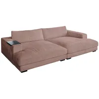 KAWOLA Big Sofa MADELINE mit Holztablett schwarz für Armlehne Cord rosa