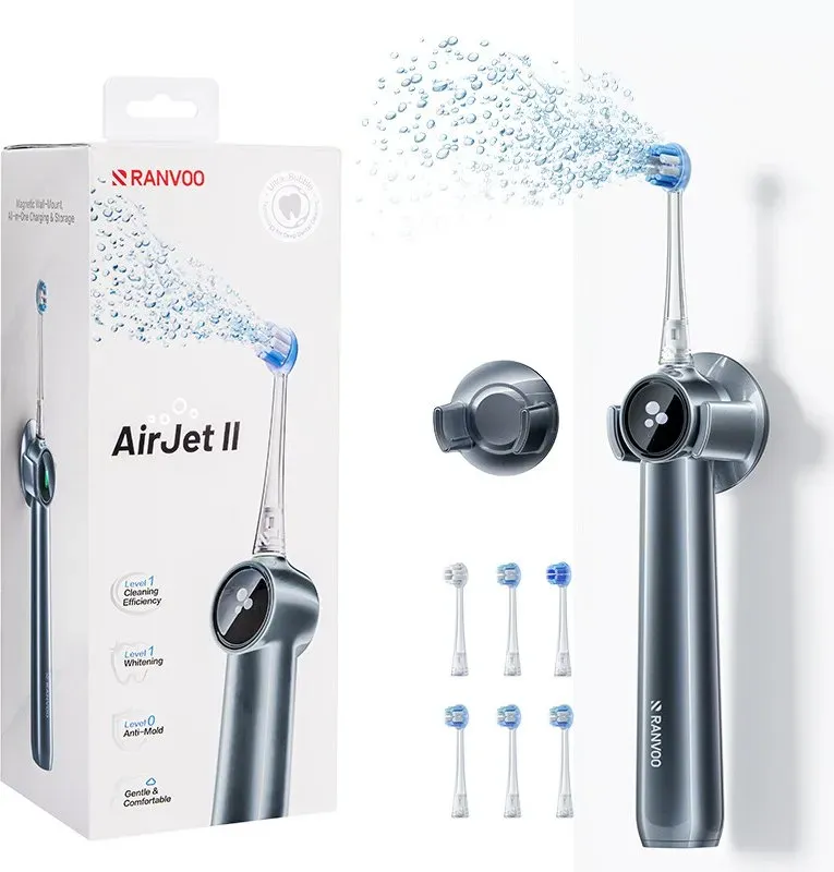 RANVOO AirJet II [New-Gen Jet Clean | Max Zahnsteinentfernung] Elektrische Zahnbürste, MAX Plaque-Entfernung, Zahnaufhellung & Schutz für empfindliches Zahnfleisch, Bis zu 60 Tage Akkulaufzeit, Magnetische induktive Aufladung, Limitierte Startangebot Extra 3 kostenlose Ersatzbürstenköpfe, 3 Original + 3 Bonus, 6 Bürstenköpfe insgesamt für 18 Monate tägliche Nutzung, Spacegrau