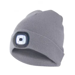 Mütze mit LED-Frontleuchte, Strickmütze mit LED-Licht ideal zum Joggen, Campen, Arbeiten, wiederaufladbar per USB und waschbar, hellgrau