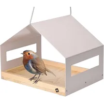 wondermake® Design Vogelhaus aus Metall und Holz wetterfest zum Aufhängen, modernes Vogelfutterhaus XL Metalldach hängend, Vogelhäuschen Futterhaus für Vögel, Edelstahl Kiefer, grau-beige