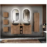 Lomadox Badezimmer Komplett Set 7-teilig schwarz gerillt Doppelwaschtisch 141 cm mit Regal Aufsatzwaschbecken LED Spiegel 3 Hängeschränke Hochschrank anthrazit Eiche Nb.