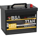 BSA ASIA Autobatterie 77Ah 12V 660A/EN ASIA Batterie Plus-Pol Rechts 30% mehr Startleistung ersetzt 70Ah 80Ah