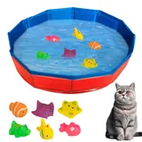 Katzenpool, Katzenpool mit Spielzeug Faltbar Hundepool Klein Katzenpool mit Fischen Wasserspielzeug Katze Wassermatte Katze Spielzeug für Katzen Hundepool Schwimmbad für Hunde und Katzen (50*10cm-Rot)