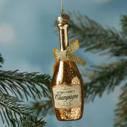 Weihnachtsbaumschmuck CHAMPANGER Flasche Glas inkl. Aufhänger lustig gold