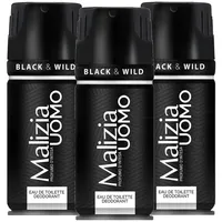 Malizia Uomo Parfum d'Intesa Deodorant Spray 150 ml – Eau de Toilette für Männer, intensiver und langanhaltender Duft, Frische für den ganzen Tag (Black&Wild 3 Einheiten)