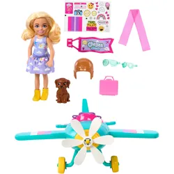Barbie Chelsea-Spielset aus Puppe und Flugzeug, Zweisitzerflugzeug mit Drehpropeller und 7 Zubehörteilen