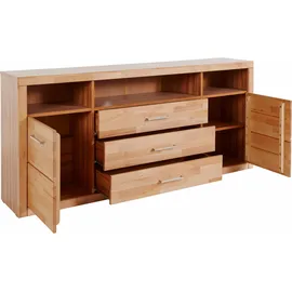 OTTO home Sideboard OTTO HOME "Ribe,180cm breit, Fronten Massivholz,7 Fächer", beige (kernbuche teilmassiv), B:180cm H:80cm T:35cm, Holz teilmassiv, Sideboards, Sideboard, Holz massiv, Holzwerkstoff, Metall Griffe,2Türen,3Schubladen