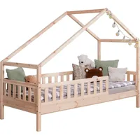 TICAA TiCAA Hausbett Bodenbett wandelbar mit asymmetrischem Dach "Lou" 90/100/120/140x200 cm für Jungen & Mädchen, inkl. Rolllattenrost & Rausfallschutz, Montessori Bett aus Kiefer Massivholz
