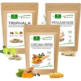 MoriVeda Darmfit Produktpaket | Triphala Tabletten, Flohsamenschalen Kapseln (Psyllium Husk), Curcuma+Pepper Kapseln | Vegan I Ballaststoffe, Antio...