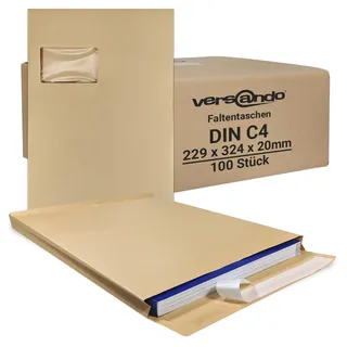 versando 100x C4 Faltentaschen 2cm Falte mit Fenster (229x324x20 mm) Versandtaschen Bodenfalte haftklebend braun