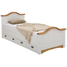 otto home Massivholzbett OTTO HOME "Konrad, Stauraumbett, Messinggriffe, rustikaler Landhausstil", weiß (weiß, honig), B:103cm H:90cm L:209cm, Betten, Massivholzbett, mit FSC-zertifiziertem Massivholz, Liegehöhe 40 cm