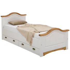 otto home Massivholzbett OTTO HOME "Konrad, Stauraumbett, Messinggriffe, rustikaler Landhausstil", weiß (weiß, honig), B:103cm H:90cm L:209cm, Betten, Massivholzbett, mit FSC-zertifiziertem Massivholz, Liegehöhe 40 cm