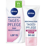 NIVEA Reichhaltige Tagespflege 24h Feuchtigkeit (50 ml), Gesichtscreme für trockene Haut mit LSF 15, Tagescreme mit natürlichem Mandelöl