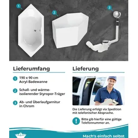 Calmwaters Calmwaters® Sechseck Badewanne Komplettset 190x90 cm Wannenträger & Ablaufgarnitur, 99000014