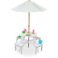 Relaxdays Kindersitzgruppe für draußen, runde Tischplatte, für 4 Kinder, Garten Picknicktisch mit Schirm, Holz, weiß, 56 x 112 x 112 cm