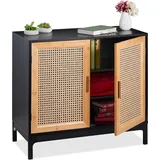 Relaxdays Sideboard mit Rattan-Geflecht, HxBxT: 76x80x39 cm, Kommode Wohnzimmer, 2 Türen, MDF - Bambus, schwarz/Natur