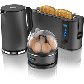Arendo - Wasserkocher mit Toaster und Eierkocher SET Edelstahl Grau Wasserkocher 1,5L 40° - 100°C, Toaster 2 Scheiben LED-Display 6 Bräunungsgrade
