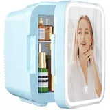 yashe Mini Kühlschrank, Skincare-Kühlschrank mit LED-Lichtspiegel, 4-Liter-Kleinkühlschrank tragbar, 220V AC / 12V DC Thermoelektrische Heizung und Kühlung für Auto, Büro, Wohnheim (Blau)