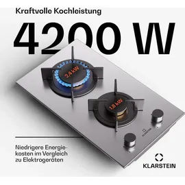 Klarstein Gaskocher 2 Flammig, Einbau-Gaskocher für Innenbereich & Wohnmobil, 4200W Edelstahl-Gaskocher, 2 Flammen Gaskocher, Gasherde mit