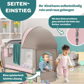 Kidiz KIDIZ® Babybett Reisebett Kinderreisebett Faltbar mit Matratze 120x60, Seiteneingang, Wickelauflage, Mosktionetz, Spielbogen & Tragetasche Baby Beistellbett Kinderbett ab Geburt bis 15 kg