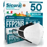 50 FFP2 Masken CE zertifiziert Schwarz und weiß Made in Italy SICURA Logo geprägtes BFE ≥99% SANITIZED and SEALED Italian FFP2 mask. Pluri zertifiziert enthält 25 Schwarz + 25 weiß