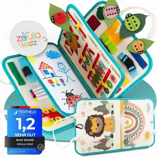 zoula kidz® Montessori Busy Board deutsch - Activity Board & Quiet Book mit 6 Seiten - sicheres & schadstofffreies Busy Book - ideales Kleinkind Spielzeug & Motorikspielzeug aus weichem Filz (Löwe)