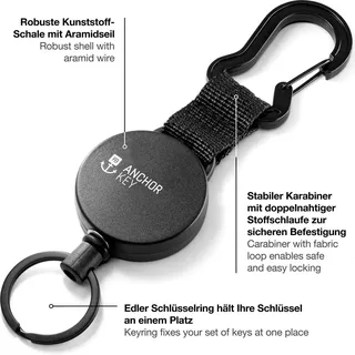 FABACH Schlüsselrolle ausziehbar - Jojo Schlüsselband mit 65cm Aramidseil - Einziehbarer Kartenhalter Ausweis Clip - Schlüssel Zipper und Ski Karten Halter für Hose und Gürtel