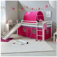 Homestyle4u Hochbett Kinderbett mit Matratze Rutsche Turm Pink Tunnel 90x200 cm weiß