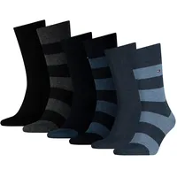 TOMMY HILFIGER Herren Socken, 6er Pack - Rugby Sock, Strümpfe, Streifen, uni/gestreift Schwarz/Dunkelblau/Blau Denim 39-42