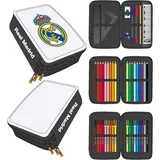 Cerdá LIFE'S LITTLE MOMENTS Federmäppchen mit Zubehör von Giotto Real Madrid, mit Bleistiften, Filzstiften und Kugelschreibern, Dreifach-Schuletui für Fußballfans